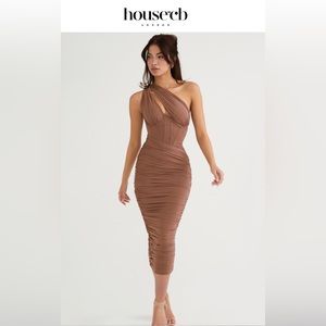 House Of CB Valentina Mocha Asymmetrical Cutout Midi Dress